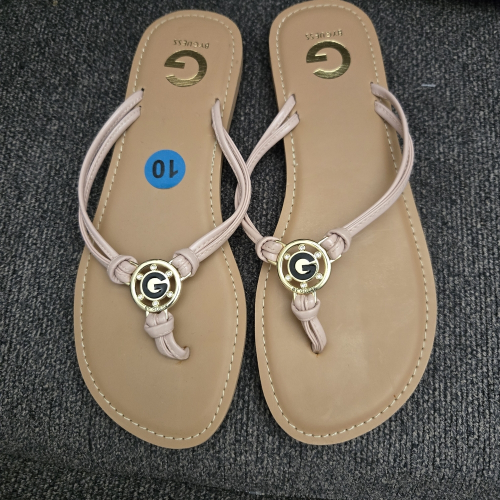 G by Guess Women's Tan Sandals with Gold Emblem